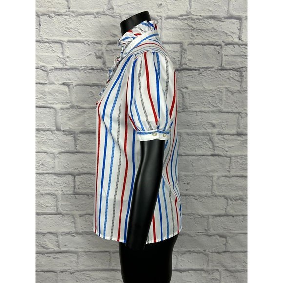 Pins & Needles Women's Button Up Stripe Turtle Neck Ruffled Puffed Short Sleeves - Picture 3 of 6